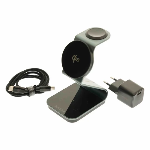 Dviced 3 az 1-ben mágneses Qi2 vezeték nélküli töltőállvány kábellel és fali töltővel - Patina szürke tok - 4