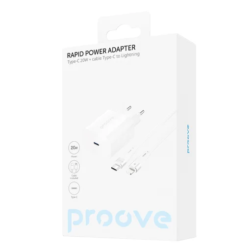 Proove fali töltő Rapid 20W Type-C + Kábel Type-C - Lightning 27W fehér - 2