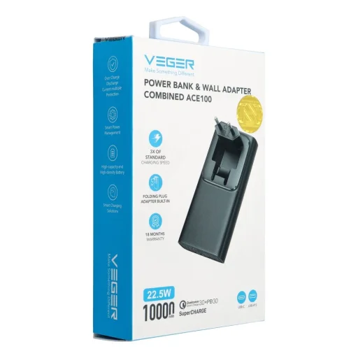 VEGER powerbank 10 000 mAh PD QC3.0 20W ACE100 (W1146) fekete - 7