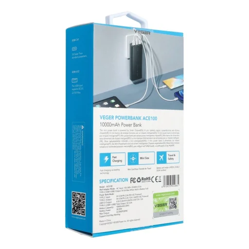 VEGER powerbank 10 000 mAh PD QC3.0 20W ACE100 (W1146) fekete - 6