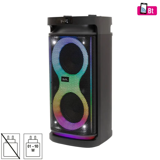 SAL PAR2100BT party hangdoboz, 80W, beépített akkumulátorral és LED fénnyel, BT TWS kapcsolat, USB/microSD zenelejátszás, FM rádió, karaoke, AUX és mikrofon bemenetek, két darab bass-reflex mélysugárzó, 2-utas, 3 hangszóró - 1