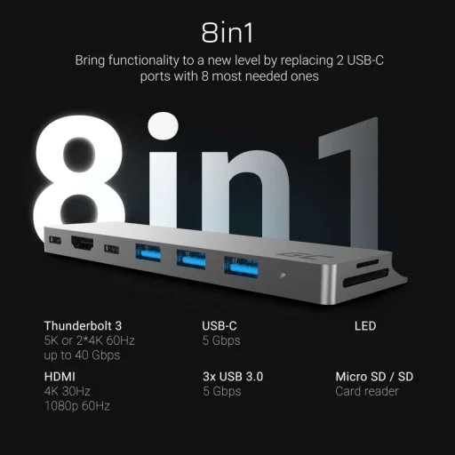 Green Cell HUB GC Connect60 8in1 (Thunderbolt 3, USB-C, HDMI, 3x USB 3.0, SD, microSD) MacBook Pro 13 - 3