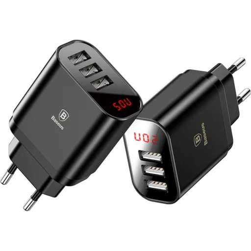 Baseus Mirror Lake Travel hálózati USB töltő adapter digitális kijelzővel 3xUSB 3.4A fekete (CCALL-BH01) - 1