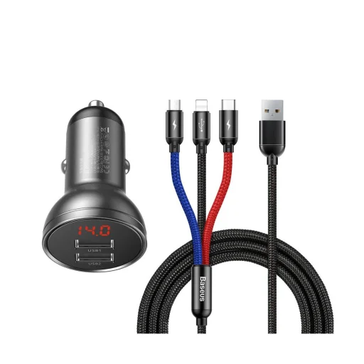 Baseus autós töltő digitális kijelzővel, 2xUSB csatlakozóval + 3-in-1 töltő kábellel 1.2m, 24W 4.8A, fekete (TZCCBX-0G) - 1
