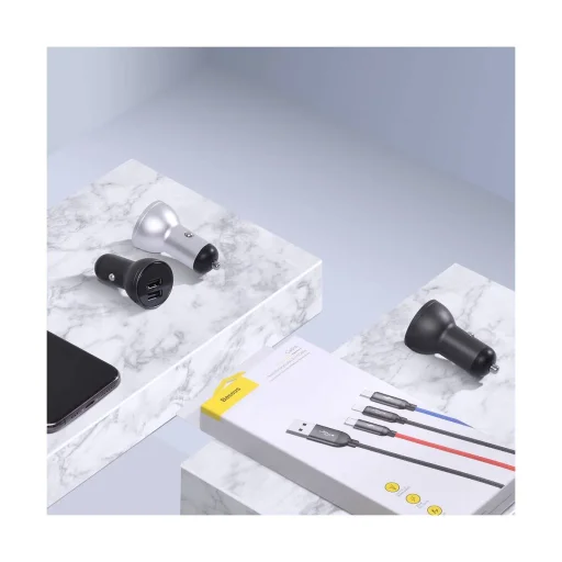 Baseus autós töltő digitális kijelzővel, 2xUSB csatlakozóval + 3-in-1 töltő kábellel 1.2m, 24W 4.8A, fekete (TZCCBX-0G) - 6