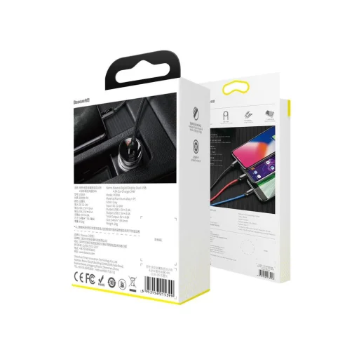 Baseus autós töltő digitális kijelzővel, 2xUSB csatlakozóval + 3-in-1 töltő kábellel 1.2m, 24W 4.8A, fekete (TZCCBX-0G) - 8