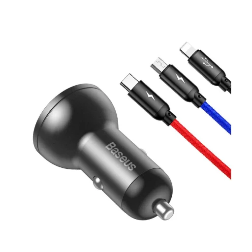 Baseus autós töltő digitális kijelzővel, 2xUSB csatlakozóval + 3-in-1 töltő kábellel 1.2m, 24W 4.8A, fekete (TZCCBX-0G) - 4