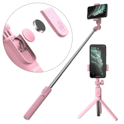 Baseus Selfie bot és teleszkópos tripod állvány bluetooth kioldóval pink + 2 körfény lámpa (SUDYZP-F04) - 3