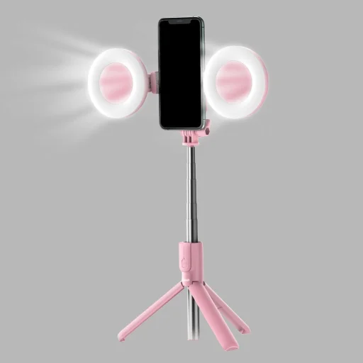 Baseus Selfie bot és teleszkópos tripod állvány bluetooth kioldóval pink + 2 körfény lámpa (SUDYZP-F04) - 1