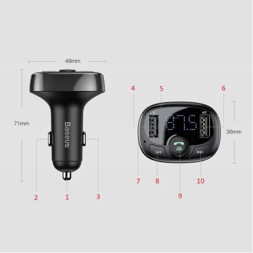 Baseus T-Typed FM Transmitter és Bluetooth autós töltő MP3 2xUSB és TF microSD 3.4A fekete (CCTM-01) - 8
