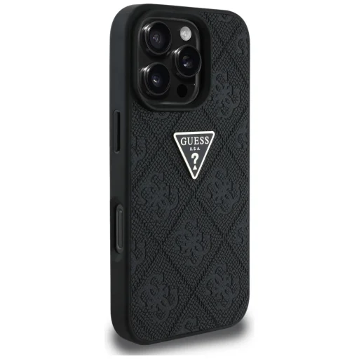  iPhone 16 Pro Max 6,9" Guess Keménytok PU Grained Hot Stamp 4G Háromszög Fém Tok, Fekete tok - 4