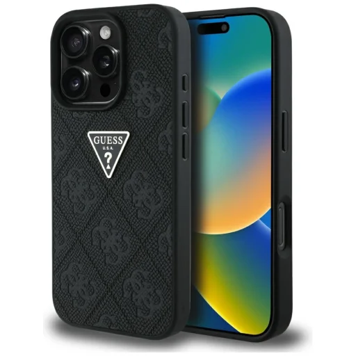  iPhone 16 Pro Max 6,9" Guess Keménytok PU Grained Hot Stamp 4G Háromszög Fém Tok, Fekete tok - 1