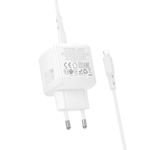 Borofone fali töltő BN19 Intenso GaN - USB + Type C - PD 20W QC 3.0 3A Type C - Lightning kábel, fehér - 3