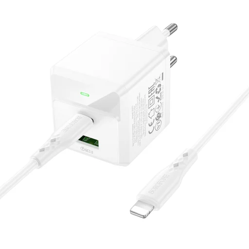 Borofone fali töltő BN19 Intenso GaN - USB + Type C - PD 20W QC 3.0 3A Type C - Lightning kábel, fehér - 5