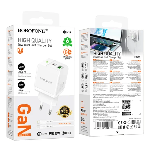 Borofone fali töltő BN19 Intenso GaN - USB + Type C - PD 20W QC 3.0 3A Type C - Lightning kábel, fehér - 9
