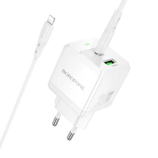 Borofone fali töltő BN19 Intenso GaN - USB + Type C - PD 20W QC 3.0 3A Type C - Lightning kábel, fehér - 1