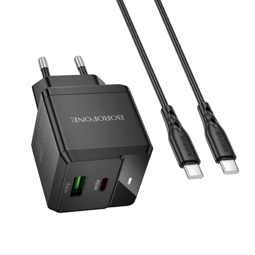 Borofone hálózati töltő BN19 Intenso GaN - USB + Type C - PD 20W QC 3.0 3A Type C - Type C kábellel fekete - 3