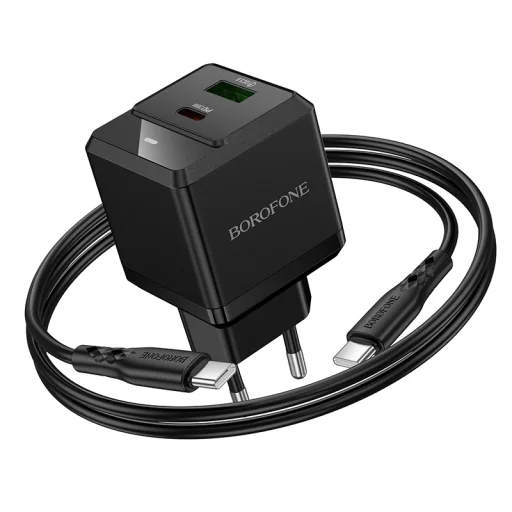 Borofone hálózati töltő BN19 Intenso GaN - USB + Type C - PD 20W QC 3.0 3A Type C - Type C kábellel fekete - 5