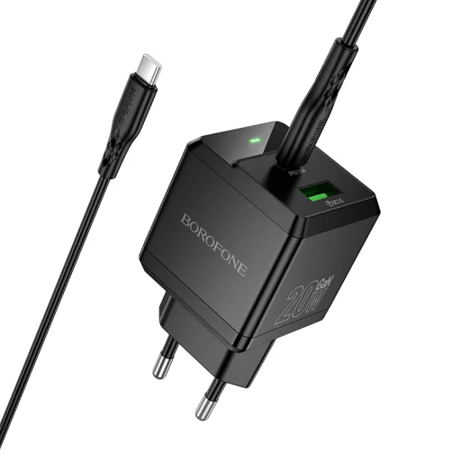 Borofone hálózati töltő BN19 Intenso GaN - USB + Type C - PD 20W QC 3.0 3A Type C - Type C kábellel fekete - 1