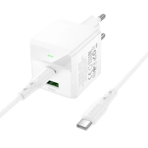 Borofone fali töltő BN19 Intenso GaN - USB + Type C - PD 20W QC 3.0 3A Type C - Type C kábellel fehér - 2