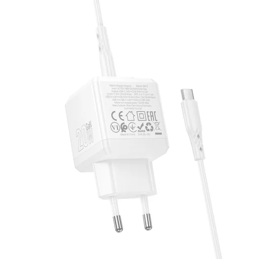 Borofone fali töltő BN19 Intenso GaN - USB + Type C - PD 20W QC 3.0 3A Type C - Type C kábellel fehér - 3