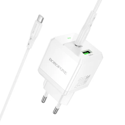 Borofone fali töltő BN19 Intenso GaN - USB + Type C - PD 20W QC 3.0 3A Type C - Type C kábellel fehér - 1