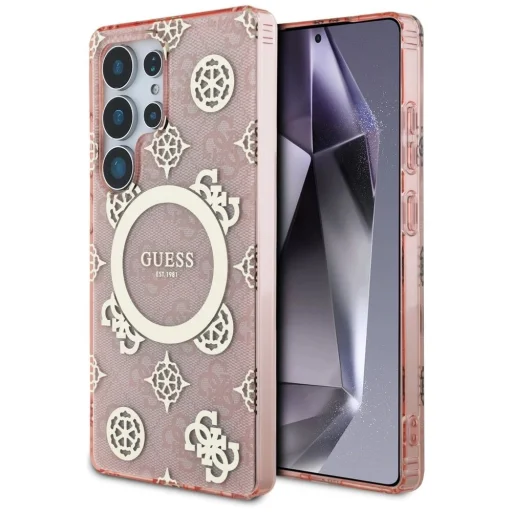Guess 4G Background Gold Electroplated Peony Pattern MagSafe tok Samsung Galaxy S25 Ultra Pink - 1