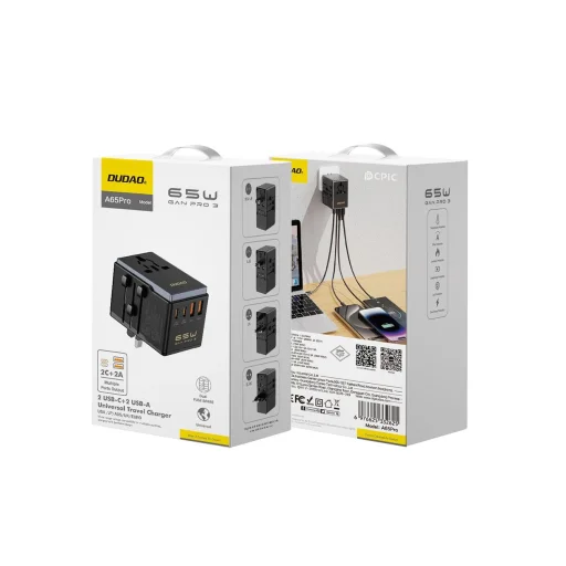  Dudao A65Pro 65W EU / US / JP / AUS / UK utazó adapter 2x USB-C 2x USB-A - fekete - 4
