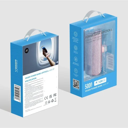 VEGER powerbank 5000 mAh beépített Type C csatlakozóval, PD QC3.0 2,4A 12W PlugOn (W0573) lila - 7