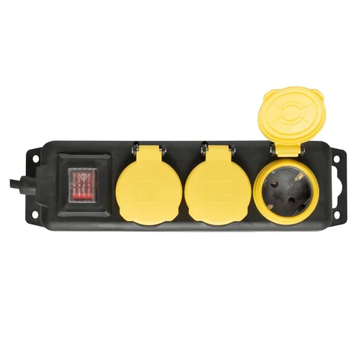 Home NVO 03K-5/BK/1,5 hálózati elosztó, 5 m, kapcsolós, H05RR-F 3G1,5 mm2, gumikábel, IP44 védelem, 3 aljzat gyermekvédelemmel és zárófedéllel, max. 3500W - 1