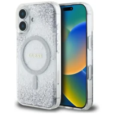  iPhone 16 Ezüst Guess HC Resin Bottom Csillogó MagSafe tok