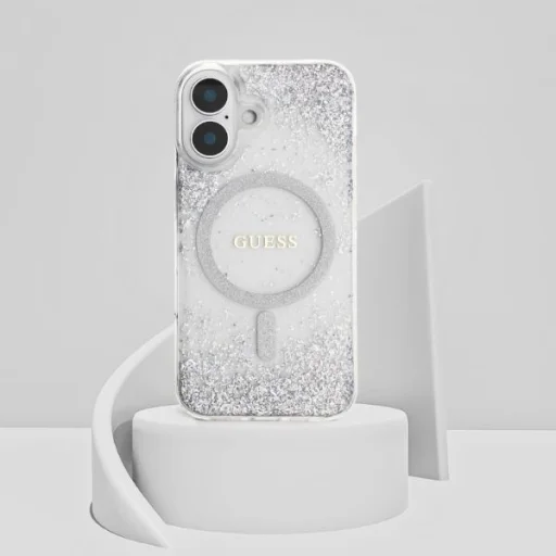  iPhone 16 Ezüst Guess HC Resin Bottom Csillogó MagSafe tok - 11