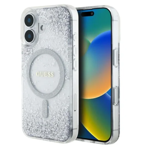  iPhone 16 Ezüst Guess HC Resin Bottom Csillogó MagSafe tok - 10