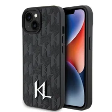 iPhone 15 fekete/fekete Karl Lagerfeld KLHCP15SPKLPKLK kemény tok bőr Monogram Hot Stamp Fém Logó tok