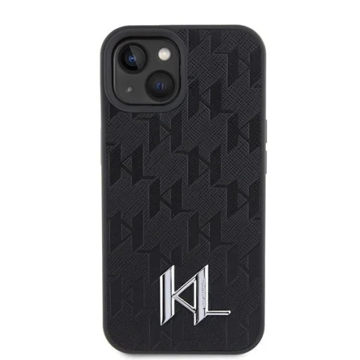 iPhone 15 fekete/fekete Karl Lagerfeld KLHCP15SPKLPKLK kemény tok bőr Monogram Hot Stamp Fém Logó tok - 3