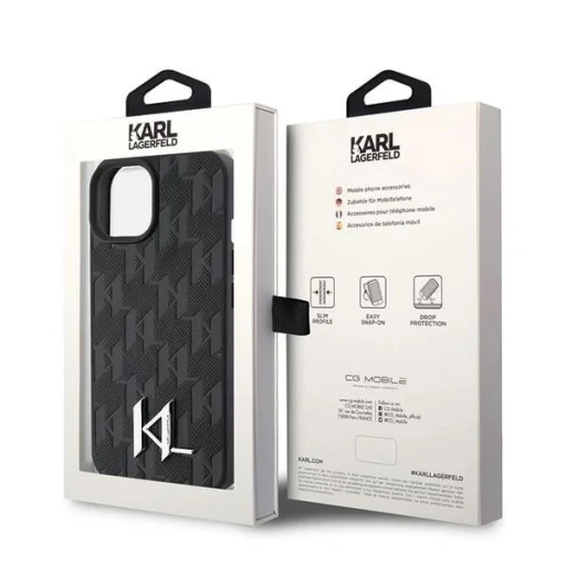 iPhone 15 fekete/fekete Karl Lagerfeld KLHCP15SPKLPKLK kemény tok bőr Monogram Hot Stamp Fém Logó tok - 8