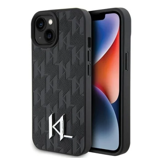 iPhone 15 fekete/fekete Karl Lagerfeld KLHCP15SPKLPKLK kemény tok bőr Monogram Hot Stamp Fém Logó tok - 1