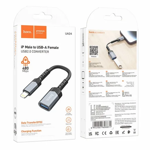 HOCO adapter iPhone Lightning 8-pin (férfi) USB (női) 3.0 UA24 fekete, - 9
