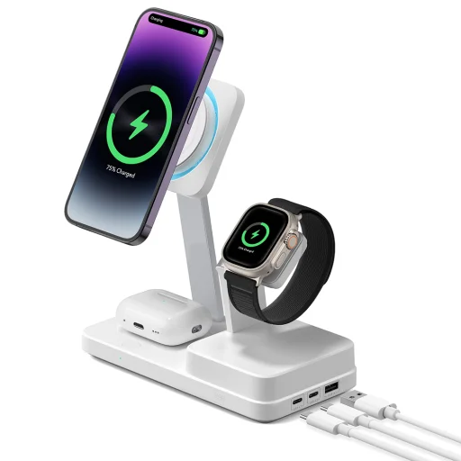  iPhone MagSafe, AirPods, Apple Watch, 100W Fehér ESR Prémium 6 az 1-ben vezeték nélküli töltőállomás HaloLock CryoBoost (6E007) - 2