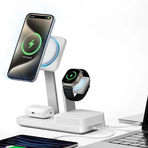  iPhone MagSafe, AirPods, Apple Watch, 100W Fehér ESR Prémium 6 az 1-ben vezeték nélküli töltőállomás HaloLock CryoBoost (6E007) - 3