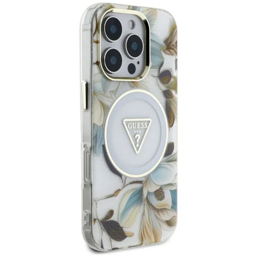  Apple iPhone 16 Pro fehér GUESS tok MagSafe kompatibilitással GUHMP16LHFLPEDH (IML Fém Csillogó Virágok Háromszög) - 6