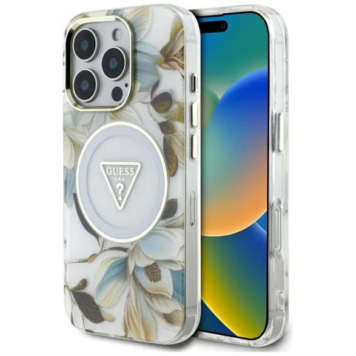  Apple iPhone 16 Pro fehér GUESS tok MagSafe kompatibilitással GUHMP16LHFLPEDH (IML Fém Csillogó Virágok Háromszög) - 1