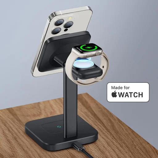  iPhone, AirPods Pro és Apple Watch Fekete ESR HaloLock 3 az 1-ben töltőállomás MagSafe-hez, levehető óra töltővel - 2