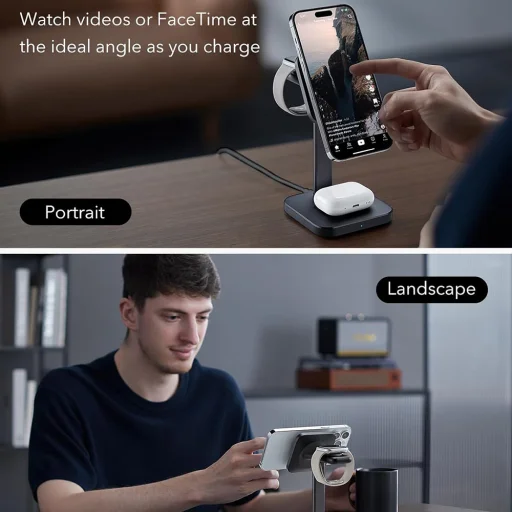  iPhone, AirPods Pro és Apple Watch Fekete ESR HaloLock 3 az 1-ben töltőállomás MagSafe-hez, levehető óra töltővel - 5