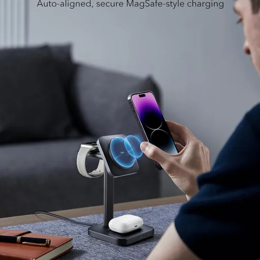  iPhone, AirPods Pro és Apple Watch Fekete ESR HaloLock 3 az 1-ben töltőállomás MagSafe-hez, levehető óra töltővel - 6