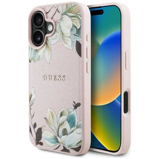  iPhone 16 GUESS tok MagSafe kompatibilis GUHMP16SPGNMPLMP (PU Szemcsés Virágok Klasszikus Logó) rózsaszín tok - 1