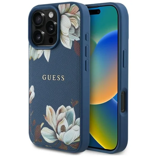  iPhone 16 Pro Max GUESS tok, MagSafe kompatibilis GUHMP16XPGNMPLMB (PU Grained Flowers Classic Logo) kék tok - 1