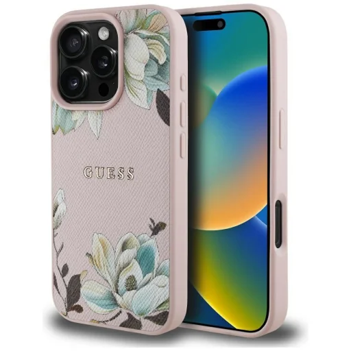  iPhone 16 Pro rózsaszín GUESS tok kompatibilis MagSafe-szel (PU Texturált Virágos Klasszikus Logó) GUHMP16LPGNMPLMP tok - 1