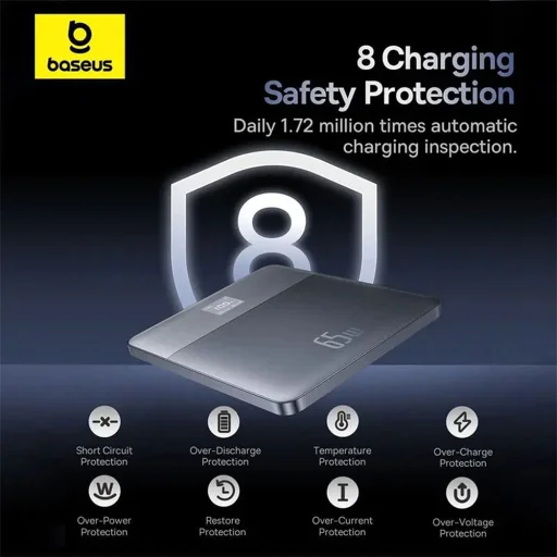  Baseus - Power Bank Blade (P10063801733-00) - 2x Type-C, 65W, 12000mAh, Digitális Kijelző, USB-C Kábellel - Narancssárga - 3