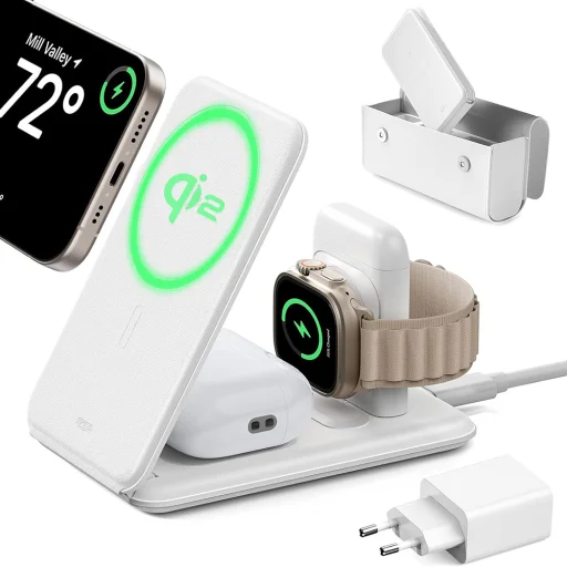  ESR Prémium Utazó Vezeték Nélküli Töltő Készlet (2C569) - Táska Kiegészítőkkel, iPhone-hoz, MFi Apple Watch-hoz, AirPods-hoz, Qi2 Fehér - 1